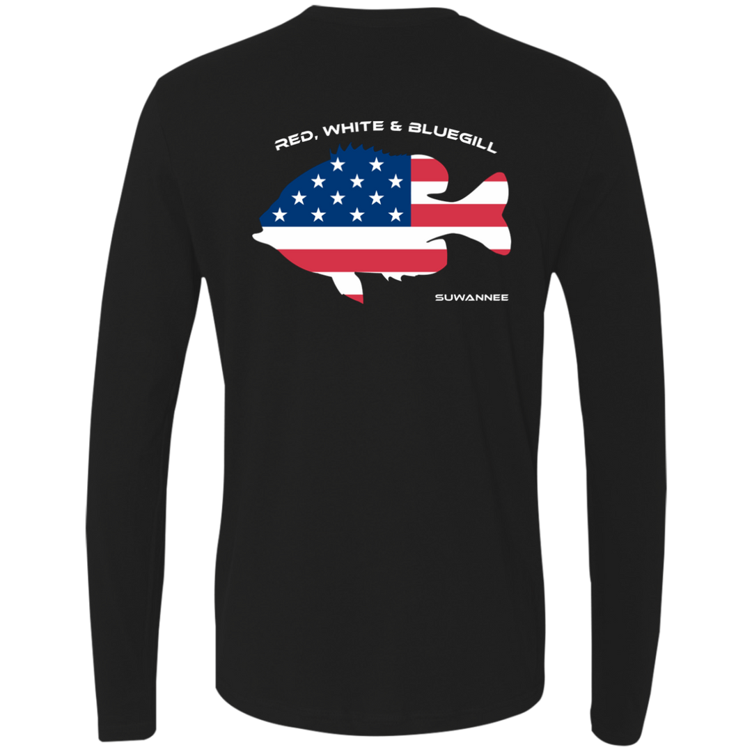 Red white and bluegill tagline over an American flag in the shape of a fish with Suwannee written below